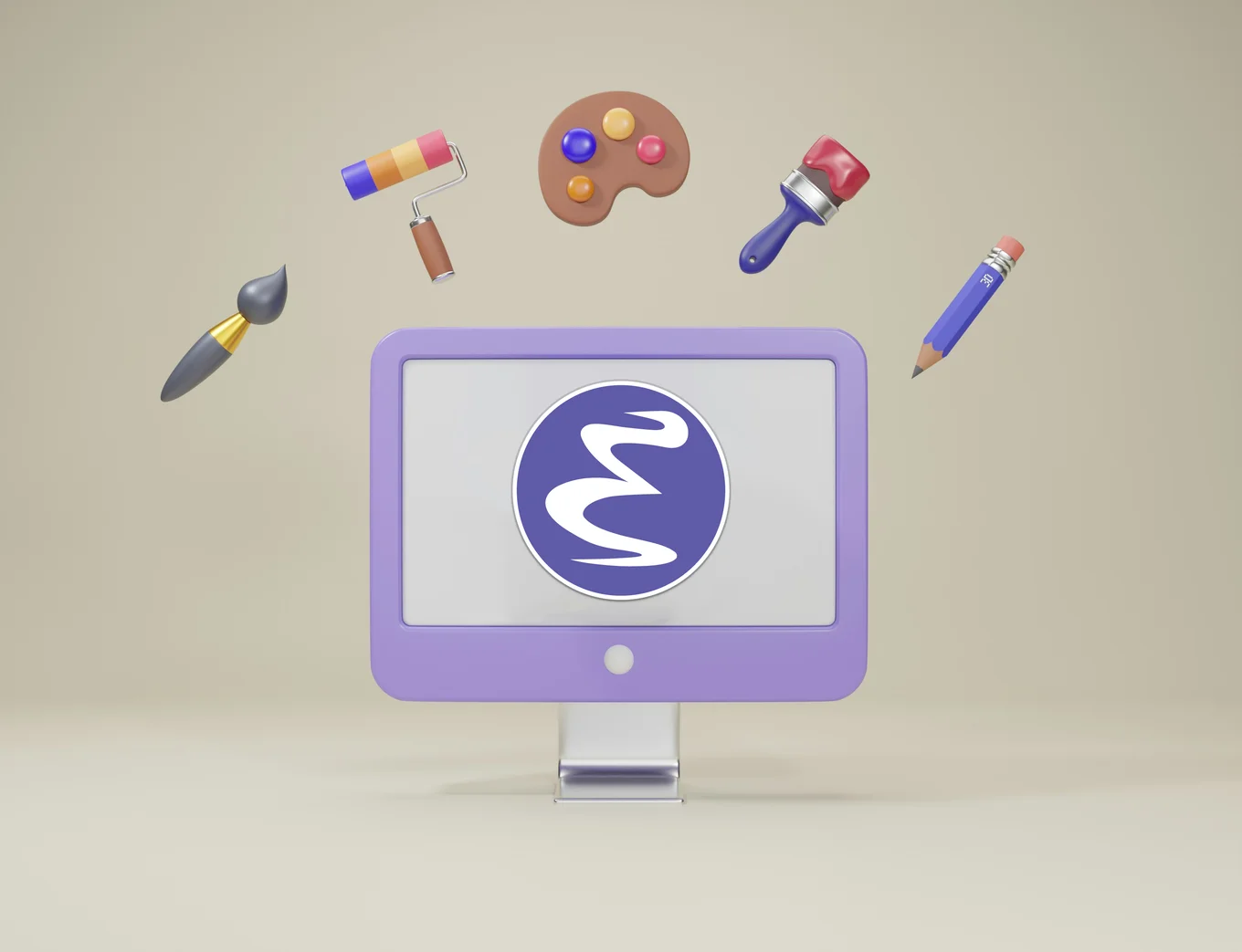 A 3d rendering of a computer monitor with art tools around it including two paintbrushes, a palette, pencil, and paint roller. On the monitor is the Emacs logo, a purple circle with a white swirl. Emacs logo attribution – Nicolas Petton.