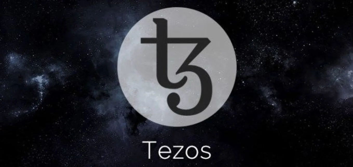 Gray circle, Tezos logo, text on dark space background.